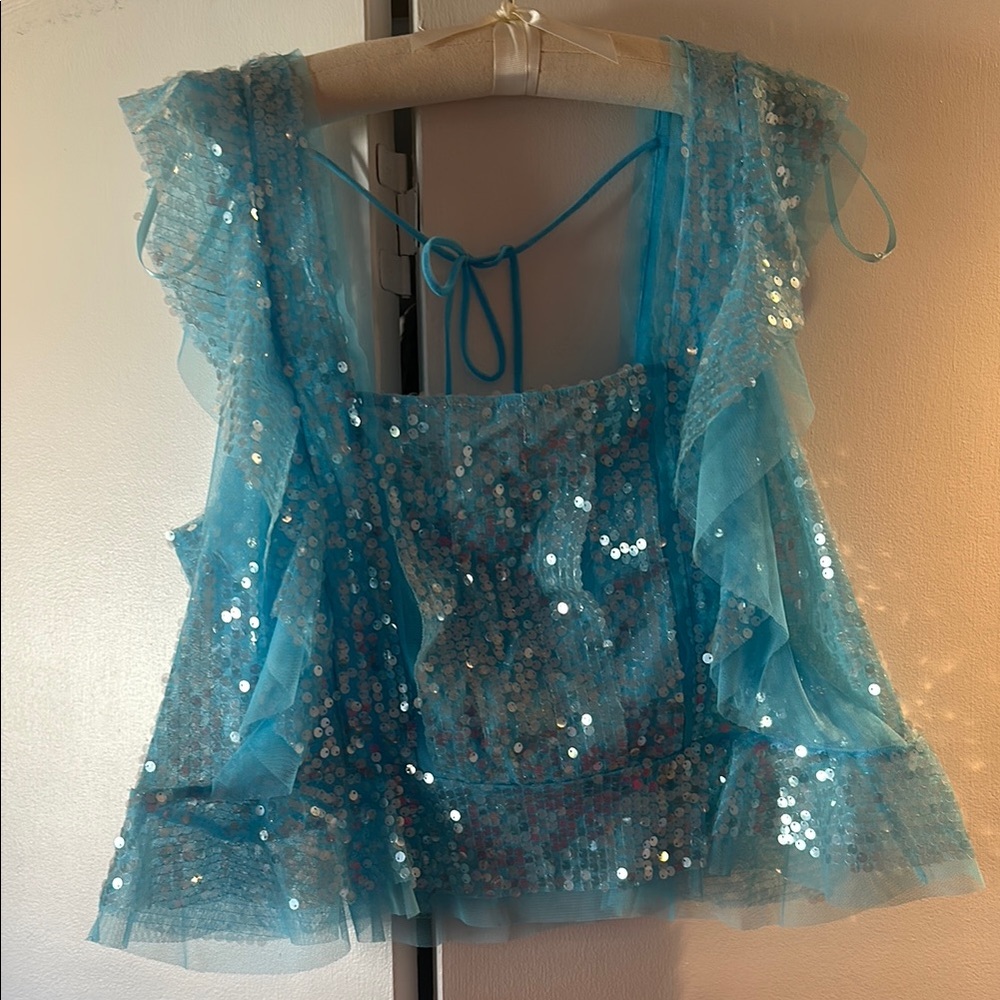 Anthropology Blue Sequin Ruffle Top